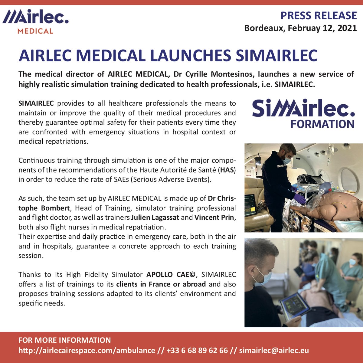 AIRLEC MEDICAL launches SIMAIRLEC, the new service of realistic simulation training.
This training service is intended to foreign clients as well as French clients, in France and abroad.
