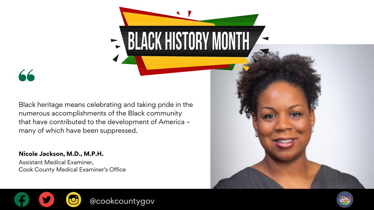 Cook County Government (@cookcountygov) on Twitter photo Meet Nicole, Asst. Medical Examiner w/ the <a href="/CookCountyME/">Cook County ME</a>. She shares what Black Heritage means to her:
“...celebrating & taking pride in the numerous accomplishments of the Black community that have contributed to the development of America – many of which have been suppressed.” Meet Nicole, Asst. Medical Examiner w/ the <a href="/CookCountyME/">Cook County ME</a>. She shares what Black Heritage means to her:
“...celebrating & taking pride in the numerous accomplishments of the Black community that have contributed to the development of America – many of which have been suppressed.”