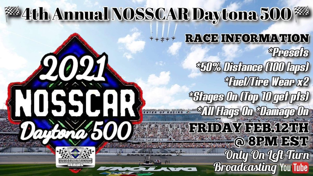 ⚡🏁Tonight🏁⚡

8pm EST on @LTBLiveRacing

YouTube.com/LeftTurnBroadc… 🎥

#NOSSCAR #nascarheat5 #DAYTONA #Simracing #LoveToRace #DAYTONA500