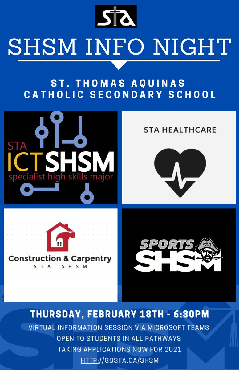 Virtual SHSM Information Night - Thurs Feb 18 6:30pm. Available to students in all pathways. STA is offering: ICT, Healthcare and *new for 2021 Construction and Sports (pending ministry approval). <a href="/domihcdsb/">StDominicSchoolOak</a> <a href="/StLukeOakville/">St. Luke</a> <a href="/StNicholasHCDSB/">St. Nicholas CES Oakville</a>  <a href="/StVincentOak/">St. Vincent</a> <a href="/milneran/">Annie Milner</a> #HCDSBPathways