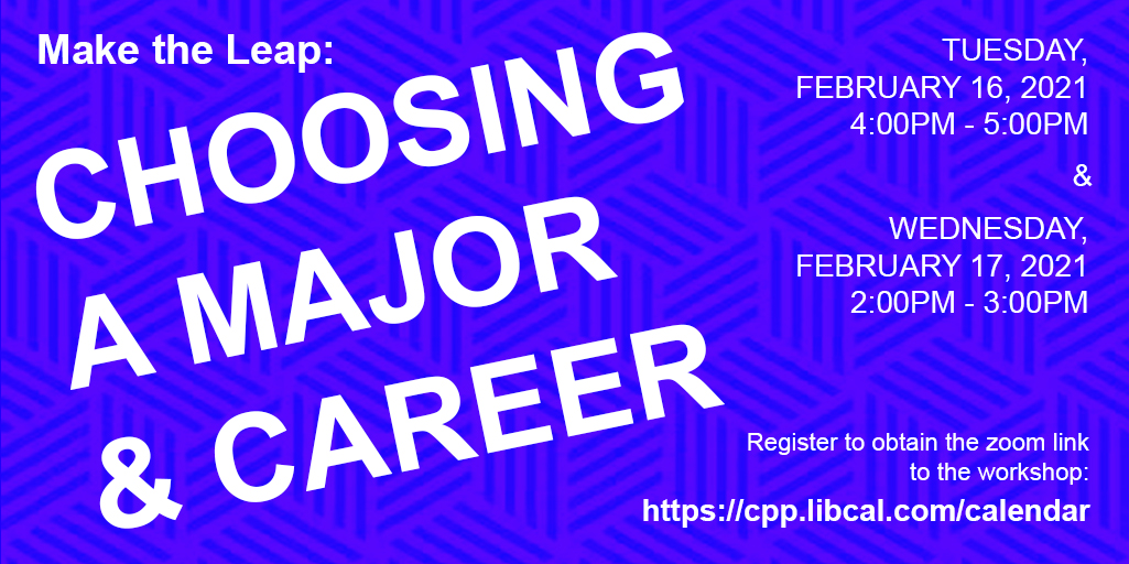 cpplibrary's tweet image. On Tuesday & Wednesday of next week, we have a workshop that introduces you to the “Change Your Major” tool as well as ways to research different careers, and what careers match your interests and needs. Register here: cpp.libcal.com/calendar
#CPP #CPPLibrary #CPPEvents