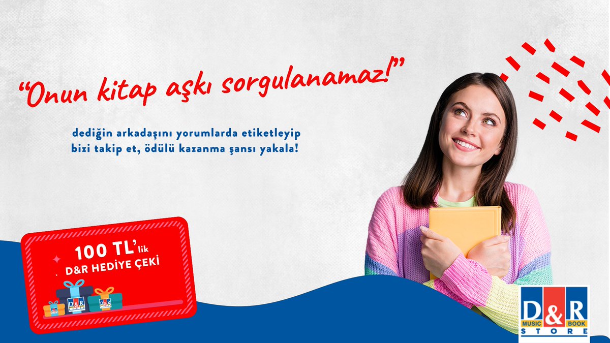 DRdunyasi's tweet photo. Sadece takipçilerimize özel, Cuma şansı D&amp;R yarışması bu hafta kitap aşıkları için geliyor! Bizi takip edip arkadaşını bu postun altına etiketle, 100 TL'lik D&amp;R hediye çeki kazanma ��ansı yakala! 📚

#bookstagramturkey #neokusam #kitapönerisi #Kitap #YeniKitaplar #kitaptavsiyesi https://t.co/bw3gIZtefQ