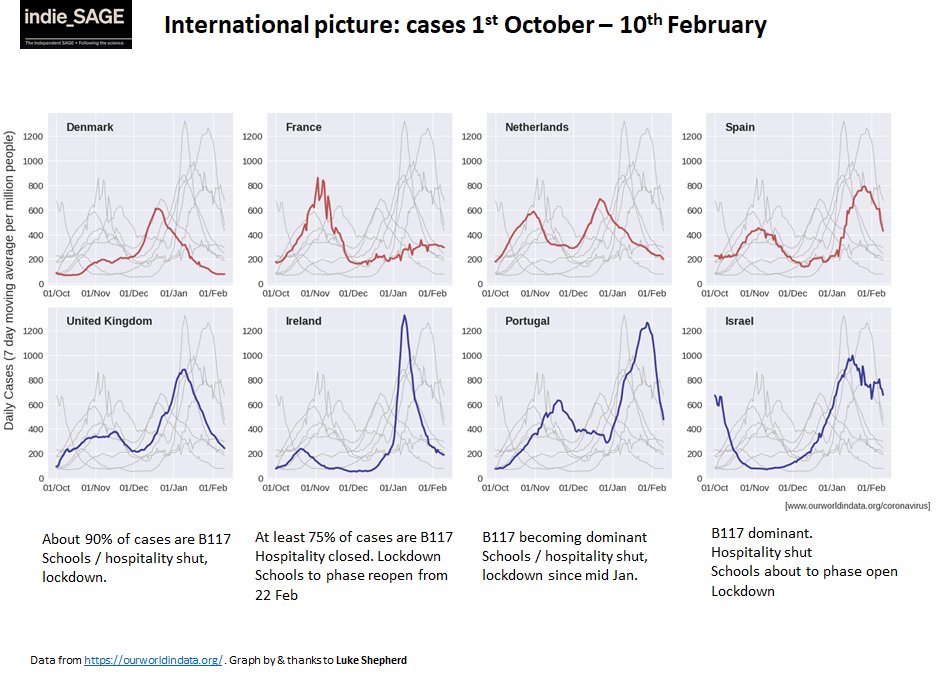 18. Countries where the "Kent" strain (B117) is already dominant saw massive surges as B117 took hold pre lockdowns. Harsh restrictions in all countries got it under control but - as I already said - coming safely out will be a big challenge.