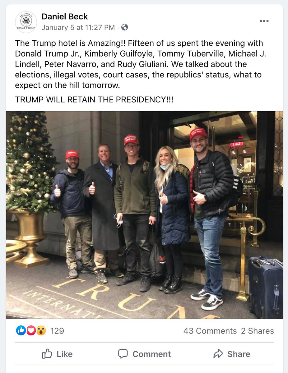 On Jan 5, the night before the riot, Txtwire CEO Daniel Beck revealed on social media he'd spent the evening at Trump’s DC hotel with Trump strategists. The group notably included Donald Trump Jr., Kimberly Guilfoyle, Tommy Tuberville,  #MyPillowGuy Mike Lindell & Rudy Giuliani.