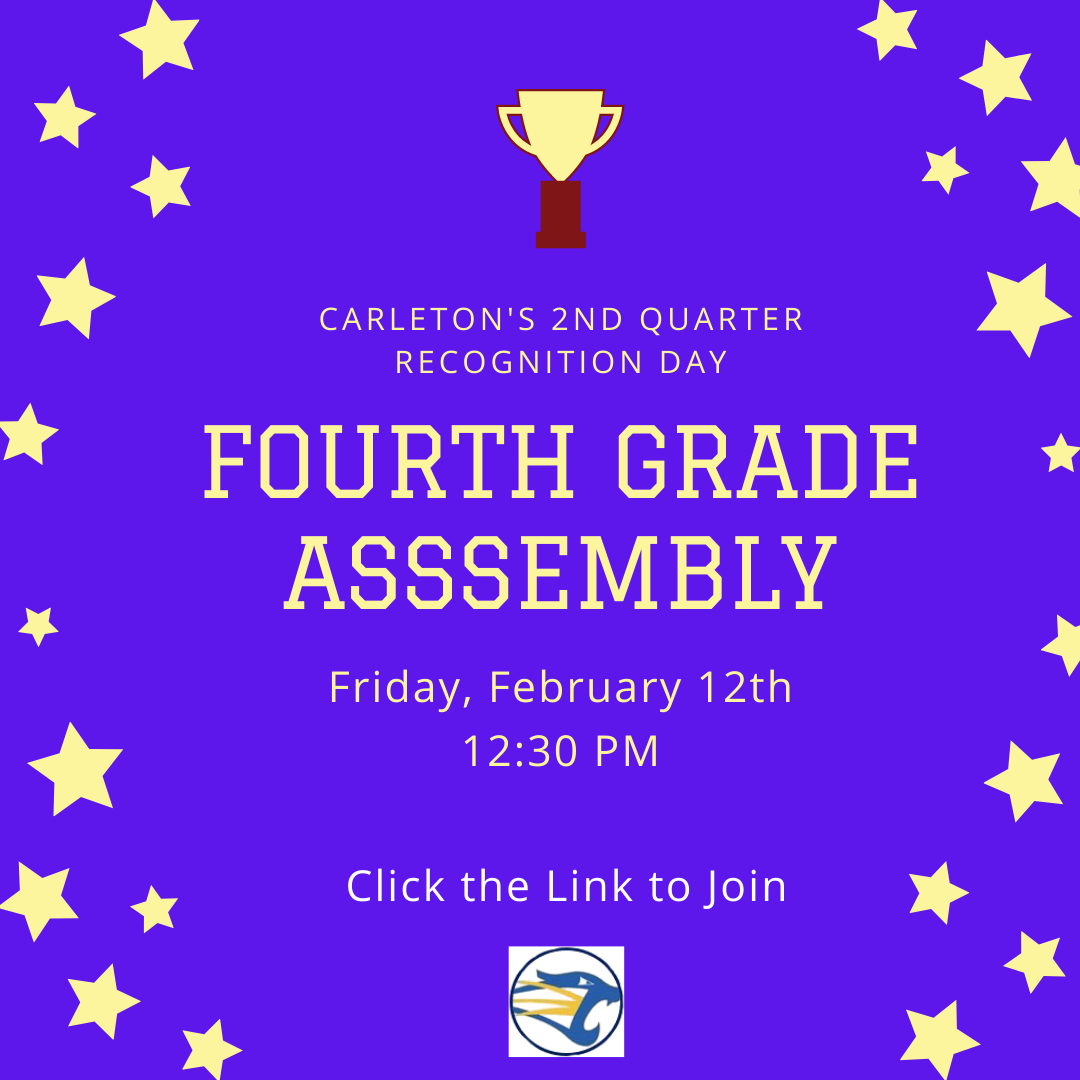 CarletonCougars's tweet image. Fourth Grade Parents are invited to our 4th Grade Honors Assembly today at 12:30 PM.  Click on the link to join the event buff.ly/2MOsaRe or call 313-462-2305   and enter Conference ID: 987 972 975 #
#CarletonRocks #ElevatingExpectationsforExcellence