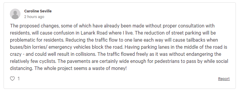 I LOVE this. It's not dangerous for the 'relatively few' cyclists that use the road. Now. Why do we think relatively few cyclists use the big, direct, quickest and easiest route to and from town? Anyone?