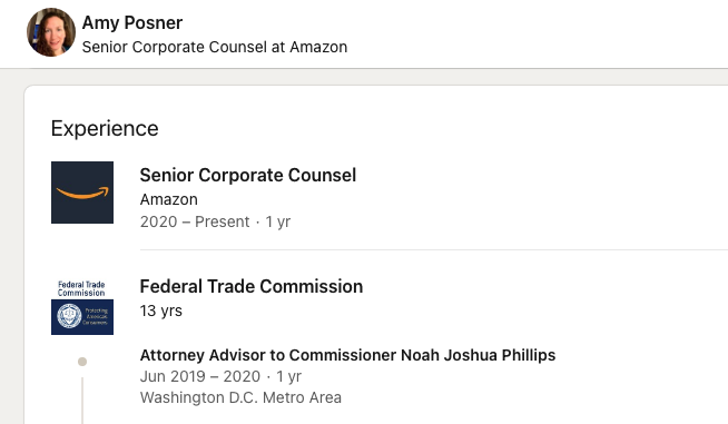 6. Despite Trump's disdain for Jeff Bezos, his FTC, which has jurisdiction over Amazon, did nothing. Trump FTC Commissioner  @FTCPhillips's advisors Jasmine Rosner and Amy Posner both left the Federal Trade Commission to go to... you guessed it, Amazon!  https://www.linkedin.com/in/amy-posner-2a35449/