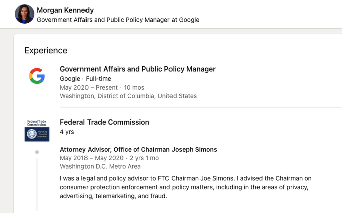 7. There's more. Morgan Kennedy, top advisor to Trump FTC Chair Joe Simons, helped structure the weak YouTube settlement over child privacy violations. Now she's a lobbyist at... Google!  https://www.linkedin.com/in/morgan-kennedy-99005730/