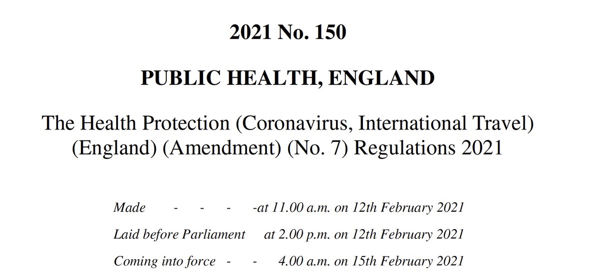 The hotel quarantine regulations have just arrived, coming into force 4am on Monday 15 FebThe Health Protection (Coronavirus, International Travel)(England) (Amendment) (No. 7) Regulations 2021 https://www.legislation.gov.uk/uksi/2021/150/contents/made https://www.legislation.gov.uk/uksi/2021/150/pdfs/uksi_20210150_en.pdfLet's dive in...