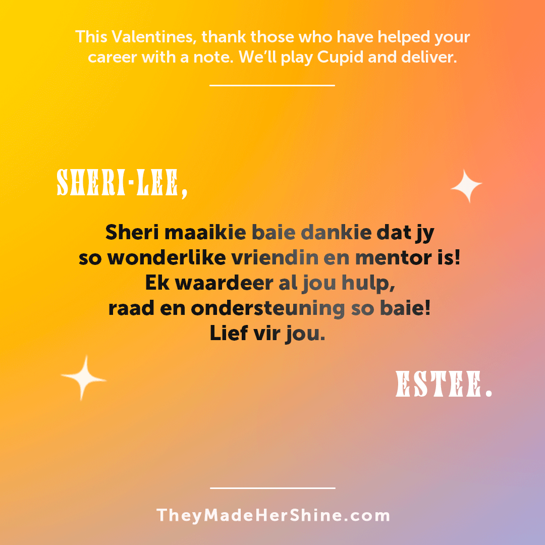 shesaysus's tweet photo. @sherileecarverbrown @esteedv

This Valentine’s, thank those who have helped your career with a note. We’ll play Cupid and deliver. Head to https://t.co/Bx90yV7OwH, write something really nice and see all the love notes on @TheyMadeHerShine

#SheSays #TheyMadeHerShine #valentines https://t.co/2SpfAMZTxq
