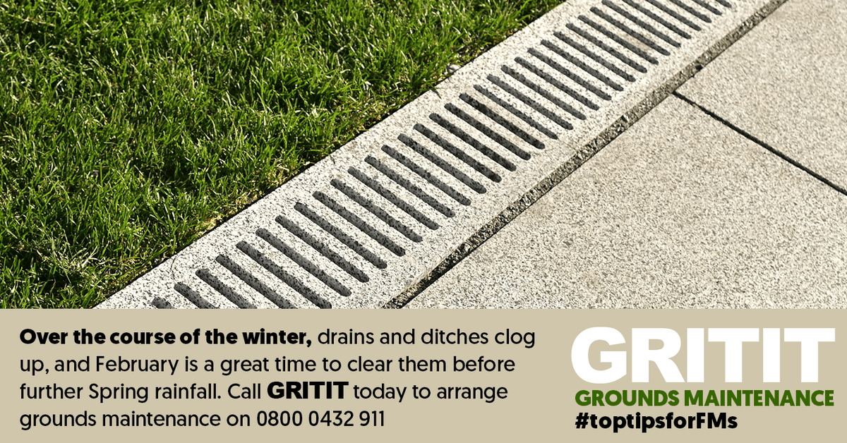 GRITIT's tweet photo. Over the course of the winter, drains and ditches clog up, and February is a great time to clear them before further Spring rainfall. Call GRITIT today to arrange grounds maintenance on 0800 0432 911 #toptipsforFMs https://t.co/KhAEyGpg0q