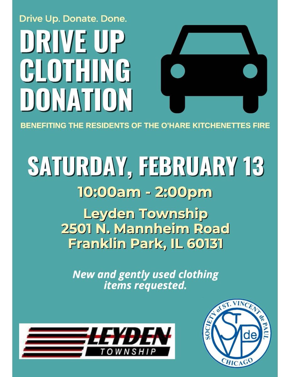 Want to help those affected by the O'Hare Kitchenettes fire? There will be a DRIVE UP CLOTHING DRIVE tomorrow. Drop off new and gently used clothing between 10-2:00 pm at <a href="/LeydenTwpRec/">Leyden Township</a> Town Hall parking lot. #WeAreLeyden #leydenpride
