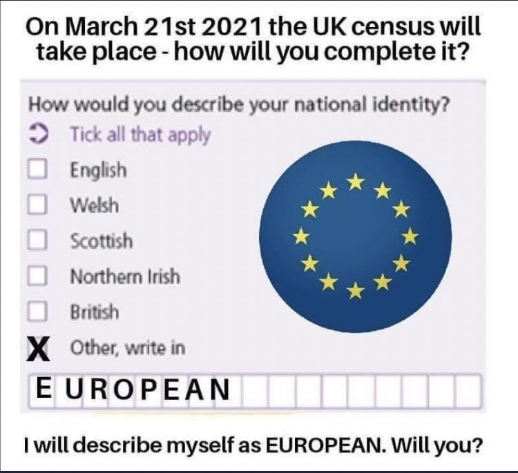 EUflagmafia's tweet image. You are not breaking any law by doing this in the census. My family will be writing 'EUROPEAN'

RT and make sure #FBPE knows
