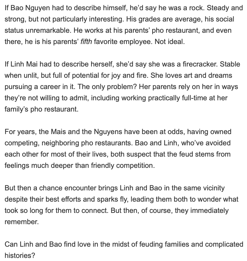 A PHO LOVE STORY by Loan Le  @loanloan(YA Contemporary Romance, out February 9 with  @simonschuster) https://amzn.to/3jcYmcv&nbsp;