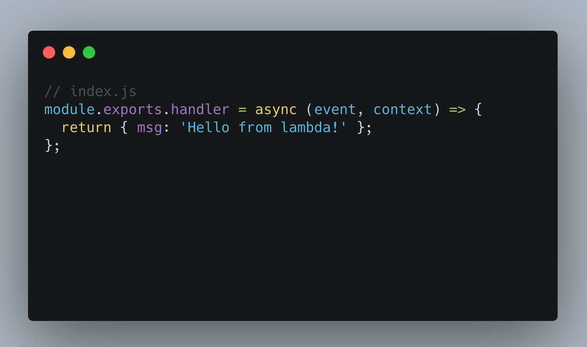 Now you need some code. It's not much, but enough to return a response from your handler.Create a file "index.js" and put the basic handler code into it, as shown below. If you worked with Lambda before, you'll notice that the handler has the same signature as it always had.
