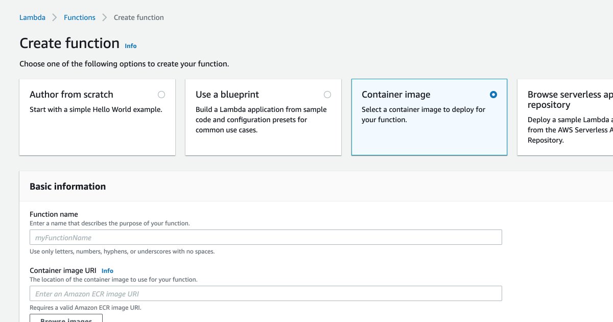Next, go to the Lambda console here:   https://console.aws.amazon.com/lambda/home&nbsp;Click on "Create function", and then choose "Container image".