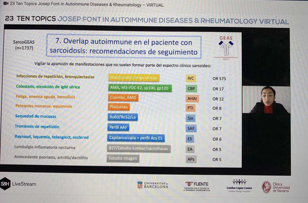 RetamozoSole's tweet photo. Frecuencia de solapamiento del 16% de sarcoidosis y enf autoinmunes. Recomendaciones prácticas a cargo de la Dra @p_brito_zeron #23Tentopics https://t.co/EIJL8jx771