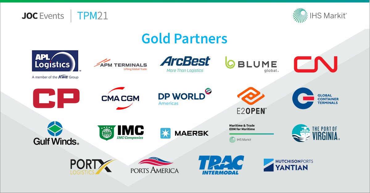JOC_Events's tweet photo. Thank you to our #TPM21 Gold Partners! #APLLogistics @APMTerminals @ArcBestCorp @Blume_Global @CNRailway @CanadianPacific @cmacgm @DP_World @E2open @GCT_USA @GulfWindsInt #IMCCompanies @Maersk @IHSMarkit @PortofVirginia @PortXLogistics @pachesapeake @TRACintermodal @HutchisonPPC https://t.co/0i6tknvBAs