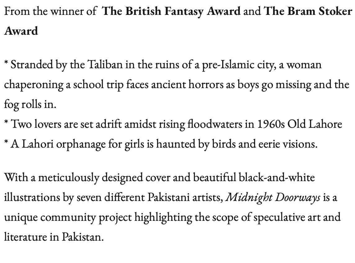 MIDNIGHT DOORWAYS by Usman T. Malik  @usmantm(Story Collection, out in February) https://bit.ly/3rd7h0y&nbsp; Also available at  @LibertyBooks_ &  @thelastword_bks