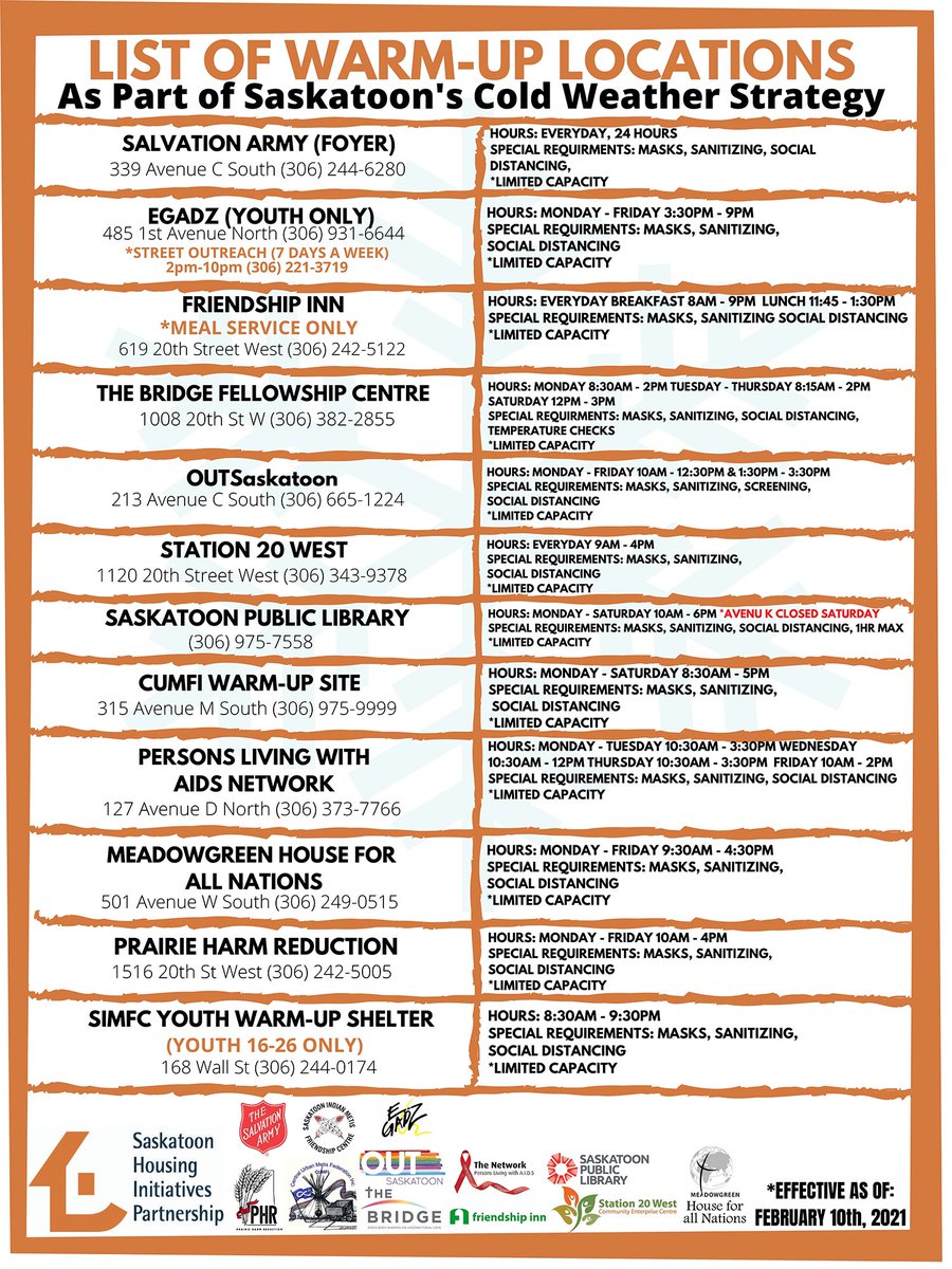 Our partners need some help keeping everyone safe &amp; warm this weekend.  “Hot pocket” warmers,winter jackets, ski pants, toques, mitts, &amp; blankets are needed at these locations #yxe #PleaseShare