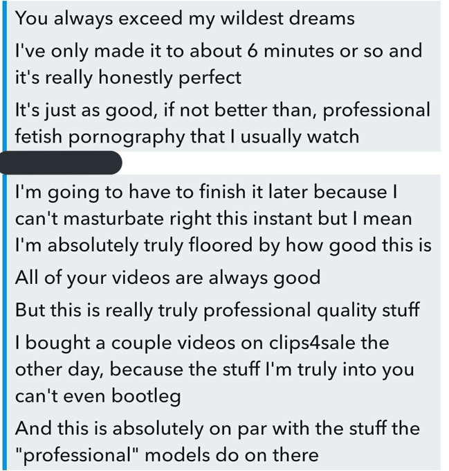 Don't forget I'm doing customs for only $5/min!   In case you need more convincing, here's a couple responses<a href="/tag/buymycontent"class="tags"><span>#buymycontent</span></a><a href="/tag/apclips"class="tags"><span>#apclips</span></a>