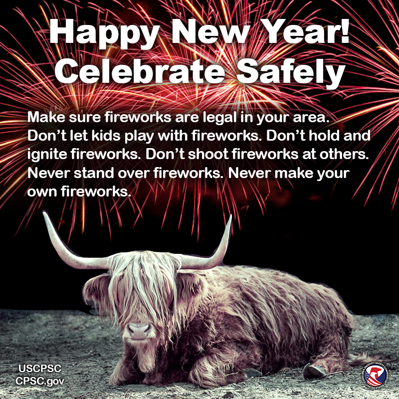 An ox sitting on the ground with red fireworks going off in the background. The text reads: Happy new year! Celebrate safely. Make sure fireworks are legal in your area. Don't let kids play with fireworks. Don't hold and ignite fireworks. Don't shoot fireworks at others. Never stand over fireworks. Never make your own fireworks.