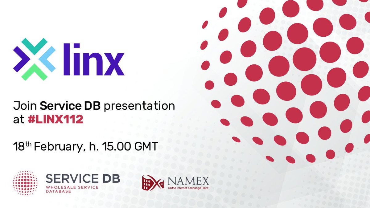 Service__DB's tweet photo. Join our presentation at #LINX112! Next Thursday we will be online with @MaurizioGoretti (@namex_ixp ) at the @LINX_Network. 

Register here:---> https://t.co/fR25d5Jljk https://t.co/AzEbUpzsVY