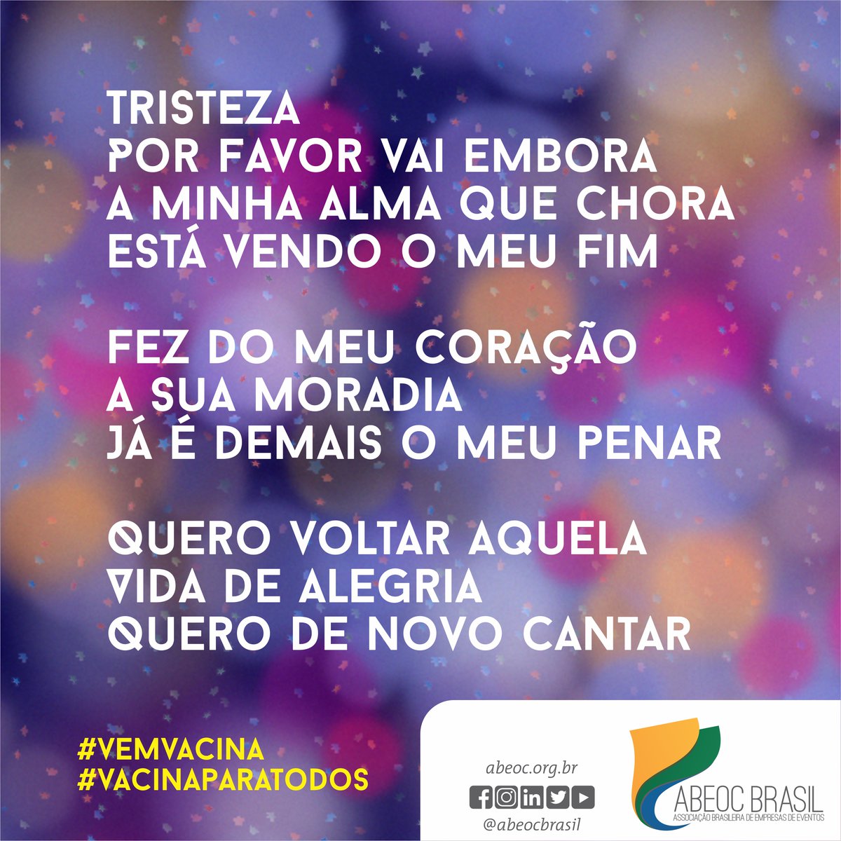 abeocbrasil's tweet photo. O sentimento dos últimos 11 meses expresso na letra de uma marchinha de Carnaval. A tristeza pelos que foram, pelo ano sem trabalho, mas a esperança de voltar a sorrir, cantar e trabalhar. #semcarnaval #semevento #semtrabalho #vemvacina #vaitristeza #respiramosevento #abeocbrasil https://t.co/Ui7sQhJ3Dc