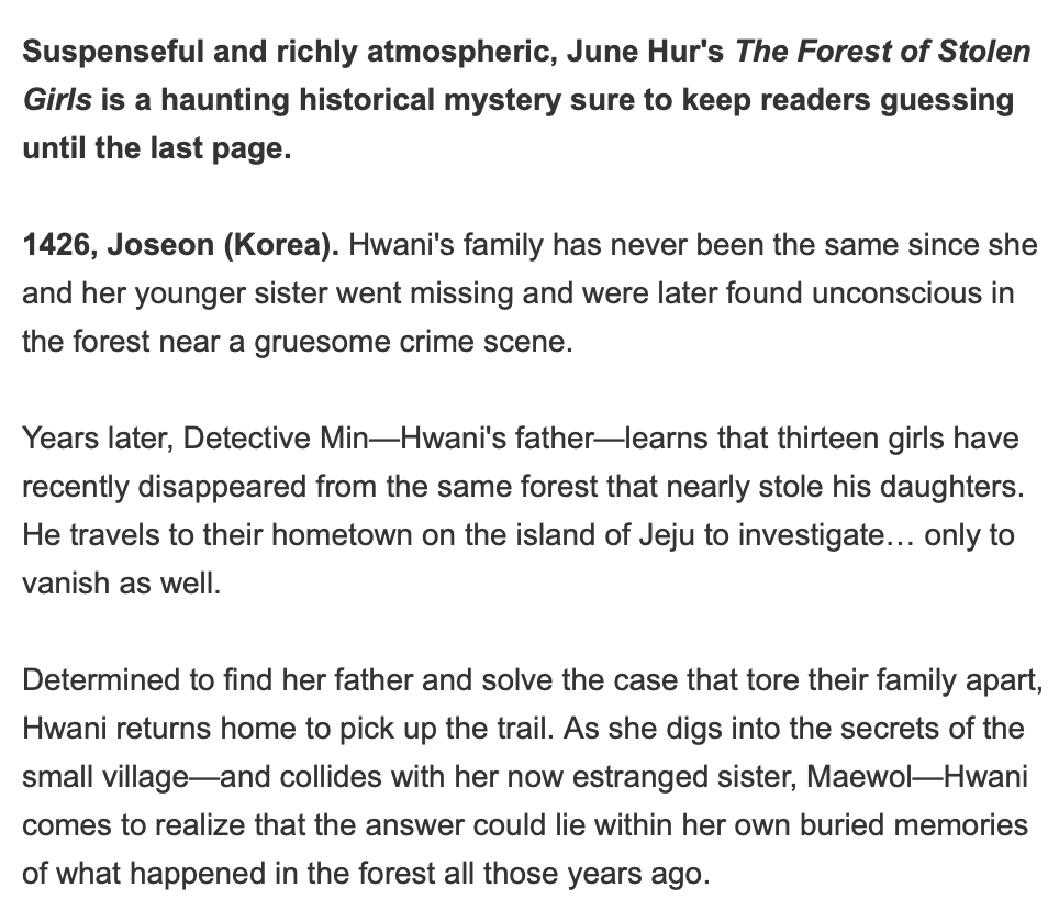 THE FOREST OF STOLEN GIRLS by June Hur  @WriterJuneHur (YA Historical Mystery, out April 20) https://amzn.to/2LH5WzW&nbsp; @FeiwelFriends
