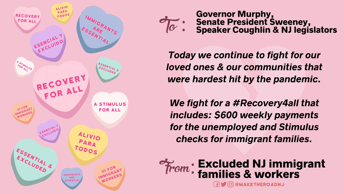 HAPPENING NOW: We are outside the Statehouse delivering 10,000 petitions and broken heart valentines to <a href="/GovMurphy/">Governor Phil Murphy</a> <a href="/NJSenatePres/">Steve Sweeney’s old @</a> <a href="/SpeakerCoughlin/">Speaker Craig J. Coughlin</a> to include immigrants in COVID relief.

We need a #Recovery4All 💖 

🔴🎥Watch: fb.watch/3CrXttmenA/