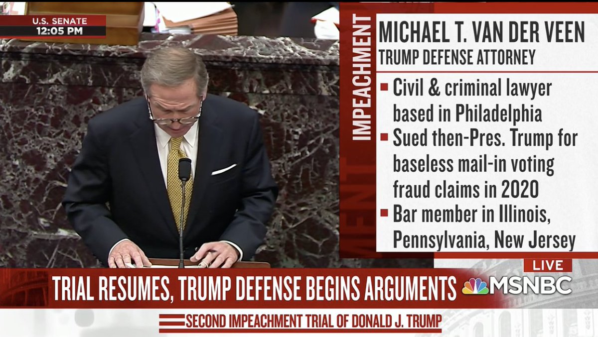  We have begun. It's Day 4 of the Trump Impeachment Trial 2.0. The defense is putting on their case. The first lawyer is Van Der Veen. 1/