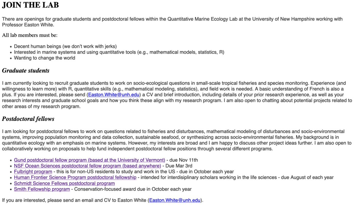 I am recruiting grad students + postdocs to start soon.

Requirements:
- Be a decent human being (we don’t work with jerks)
- Interested in marine systems and using quantitative tools 
- Want to change the world

Please reach out and see eastonwhite.github.io/join/ for details (3/3)