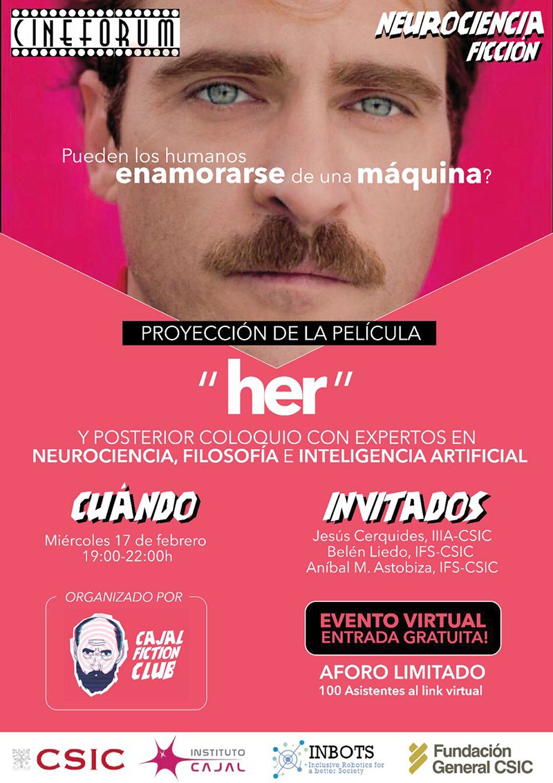 Patri Tezanos (@patritezanos) on Twitter photo ✨✨Plan de gratis para la semana que viene✨✨
El <a href="/ClubCajal/">Cajal Fiction Club</a> organiza una nueva SESIÓN DE CINE + COLOQUIO, esta vez virtual.
Visionado on-line de 'HER' y posterior debate con profesionales de la IA🤖, filósofos📜 y neurocientíficos🧠.
Las palomitas las pones tú 🤓🍿 ✨✨Plan de gratis para la semana que viene✨✨
El <a href="/ClubCajal/">Cajal Fiction Club</a> organiza una nueva SESIÓN DE CINE + COLOQUIO, esta vez virtual.
Visionado on-line de 'HER' y posterior debate con profesionales de la IA🤖, filósofos📜 y neurocientíficos🧠.
Las palomitas las pones tú 🤓🍿