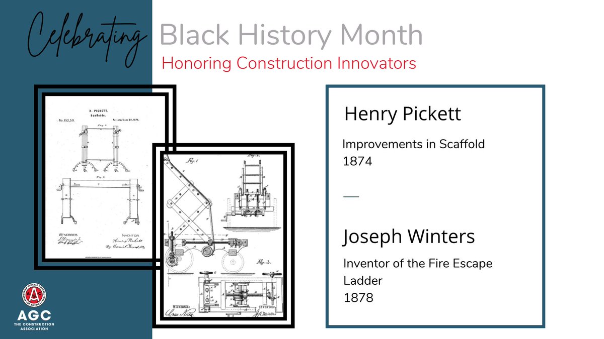 AGCofA's tweet image. Celebrate #BlackHistoryMonth this week with two stories of #construction innovators, Henry Pickett and Joseph Winters. Pickett made improvements to scaffold while Winters invented fire escape ladders. Both inventions greatly improved #safety and efficiency.