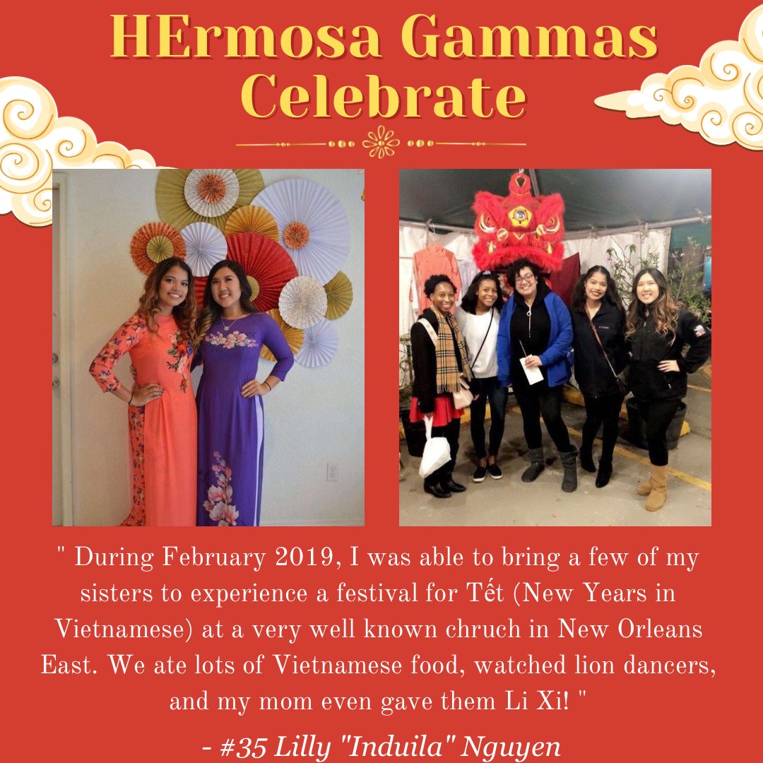 LSUGammas's tweet photo. Happy Lunar New Years! 🐂🧧Today marks the beginning of the 15 day festival that’s celebrated and observed by millions of people around the world. 
Swipe to learn some quick facts about Lunar New Years and a fun HErmosa Memory from our sxster, #35 Lilly “Induila” Nguyen! ❤️ https://t.co/C0X3k8pKew