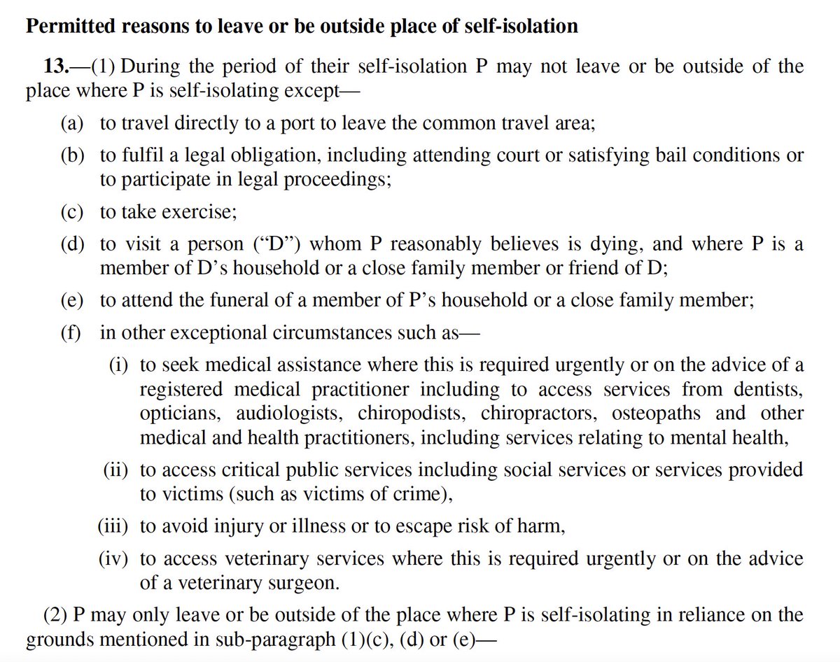 Here's the important bit - exceptions. These are quite numerous, including - Exercise- Fulfil legal obligation including attending court (technically a lawyer could do their job)- visit a dying person- attend a funeral of family or household memberBUT there's a kicker...