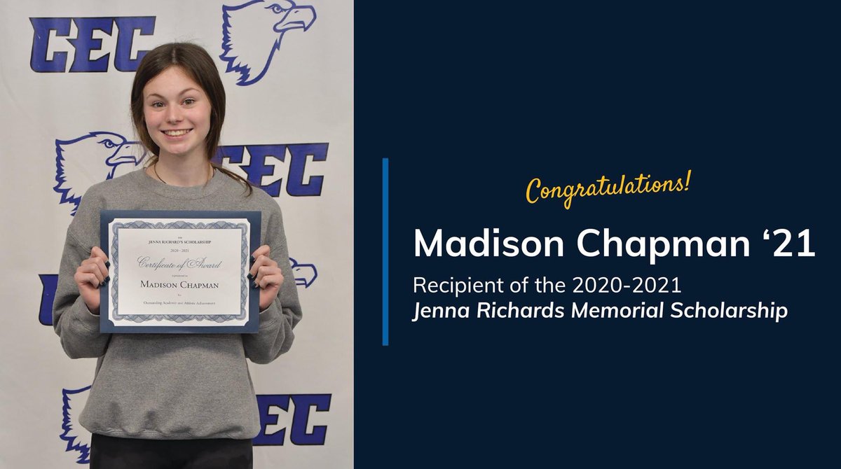 Congrats to Madison Chapman, the 20-21 recipient of the Jenna Richards Memorial Scholarship! This award goes to a female student who shows dedication &amp; excellence on both the field &amp; in the classroom, in keeping with the example set by Jenna Richards, a 2012 graduate. #SOAR