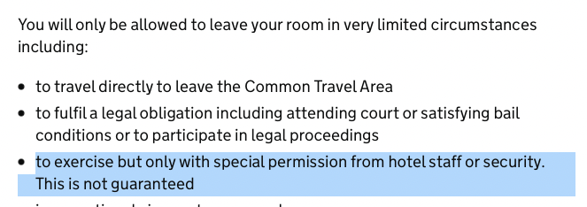 Note what the guidance says "only with special permission from hotel staff or security. This is not guaranteed" https://www.gov.uk/guidance/booking-and-staying-in-a-quarantine-hotel-when-you-arrive-in-england