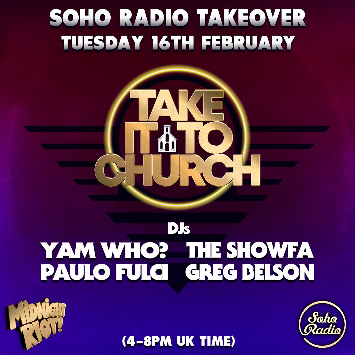 Back on @sohoradio with #midnightriorecords @DJGregBelson #paulofulci @yamwho 4️⃣⏳ ⛪️ 🎼🔊 takeover #Gospel #Disco #Boogie #housemusic #gospelmusic #gospelsounds #takeittochurch