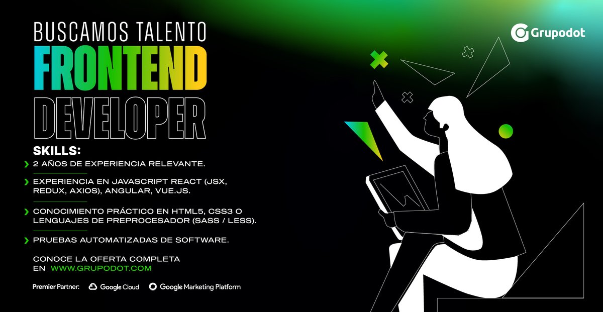 grupodot's tweet photo. #TrabajoSíhay Buscamos Fronted para que sea parte de nuestro equipo de #RockstarsNoDivas.

Envía tu HDV a lina@grupodot.com con el cargo específico en el asunto.
Contrato laboral a término indefinido
Conoce todas las ofertas: https://t.co/rYc2k2jZTB https://t.co/dPEJ7pL8Pb