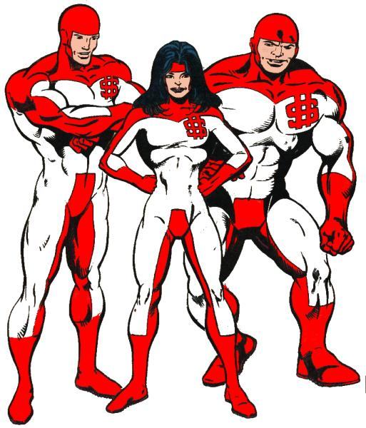 Anatole, Bebek, Cassiopeia - The Red Trinity/Kapitalist KouriersThe succesors to the Blue Trinity after they went rogue, the Red Trinity were inspired to leave the Soviet Union after meeting Wally West, they then became the Kapitalist Kouriers to show their appreciation.