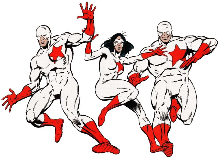 Anatole, Bebek, Cassiopeia - The Red Trinity/Kapitalist KouriersThe succesors to the Blue Trinity after they went rogue, the Red Trinity were inspired to leave the Soviet Union after meeting Wally West, they then became the Kapitalist Kouriers to show their appreciation.