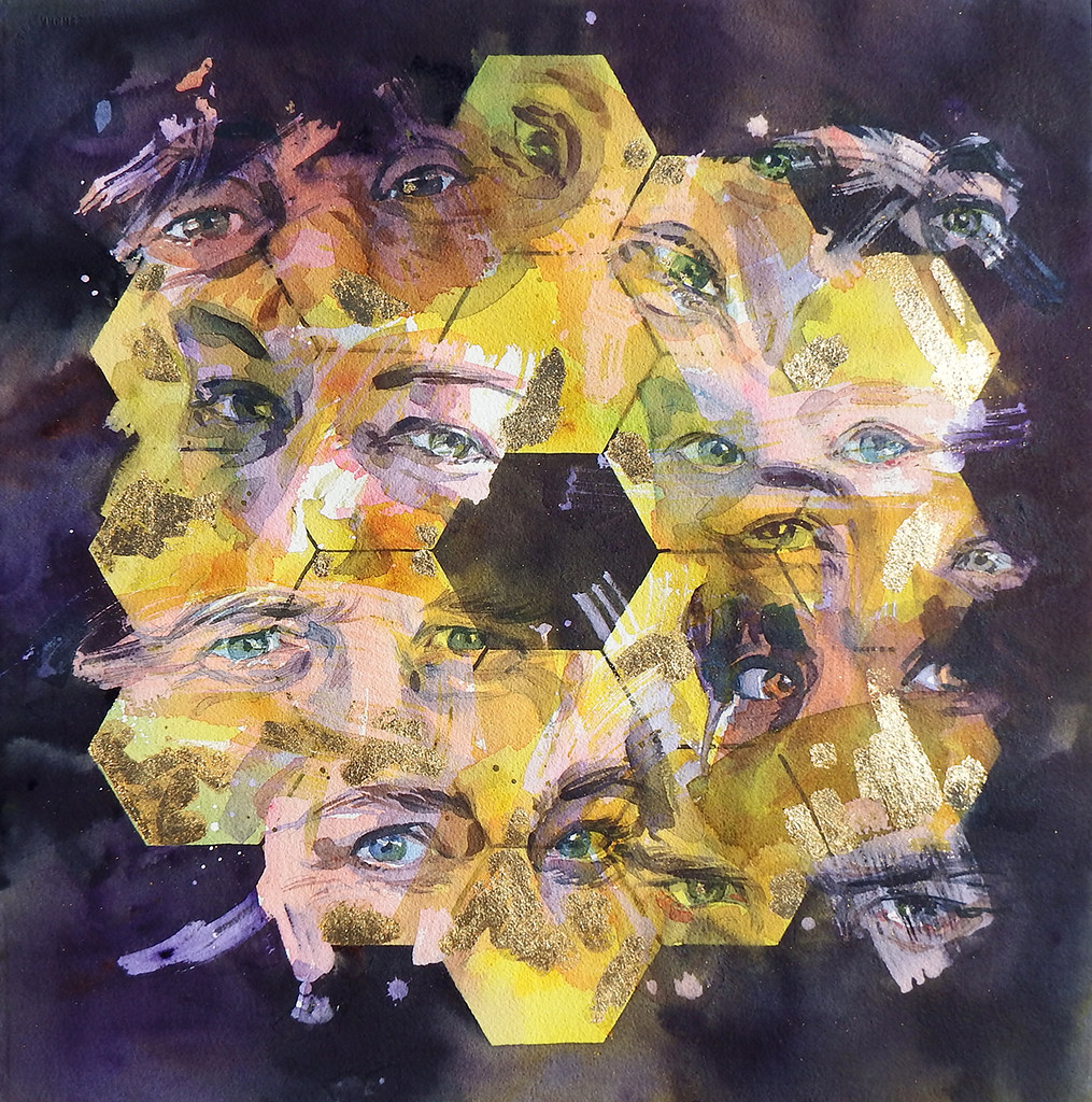 Watercolor painting of the Webb Telescope primary mirror by Joanna Barnum, titled "Icon: Gaze." The eyes of various individuals are reflected by the mirror.