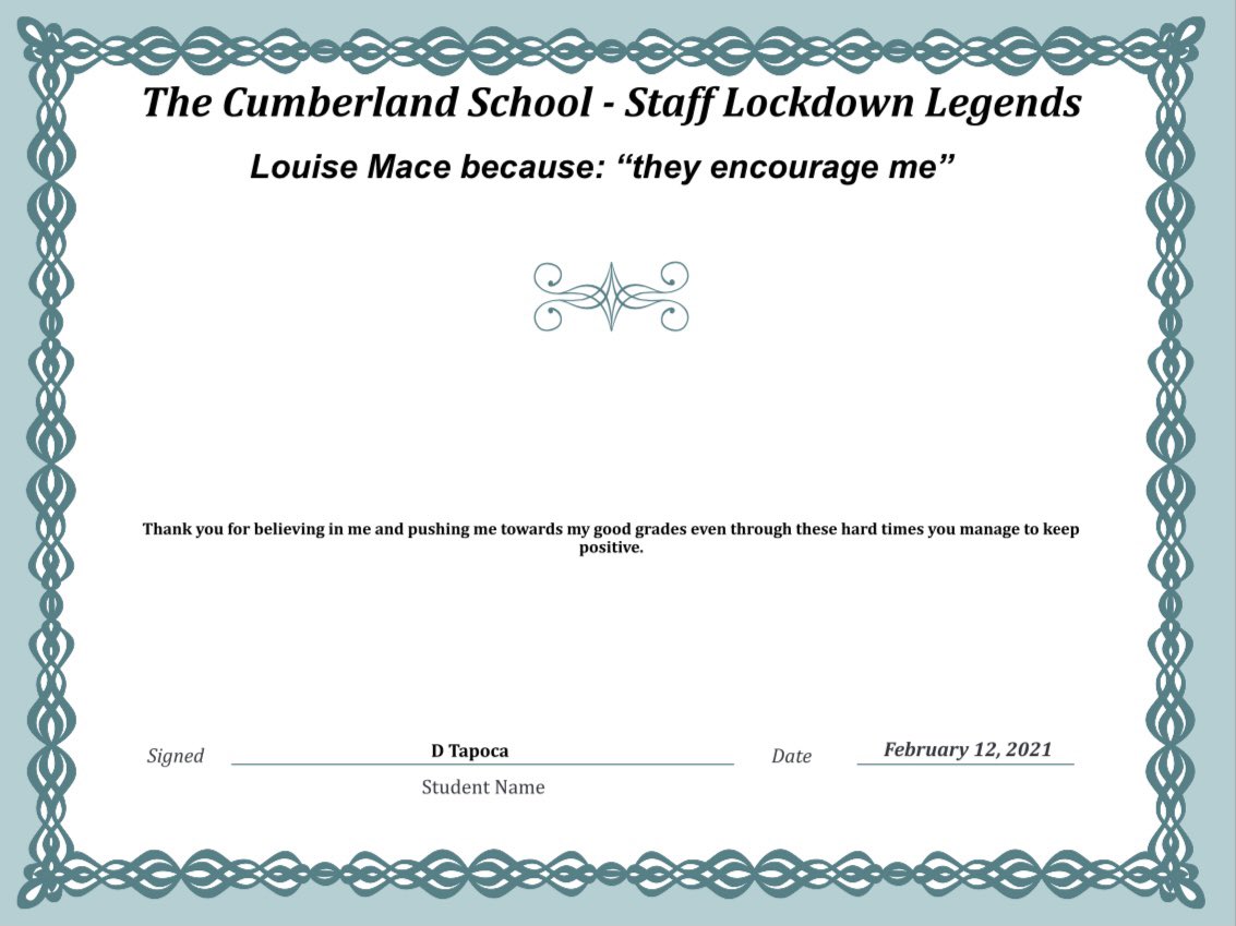 cumberlandcst's tweet photo. Thank you Ms Mace
#LockdownLegends #TCSpectacular #ThankYou #Appreciation #RealHeroesDontWearCapes @Historytcs1 https://t.co/iWq6GV81rS