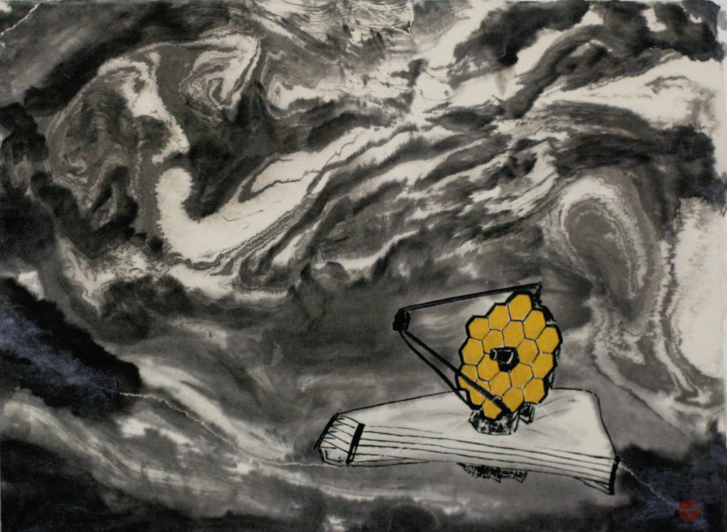 "Space Suminagashi" by Joan Lok, depicting the James Webb Space Telescope floating in waves of ink. Lok says: "Suminagashi, Japanese ink-marbling, is the art of capturing delicate, swirling patterns of ink floating on the surface of water with rice paper."