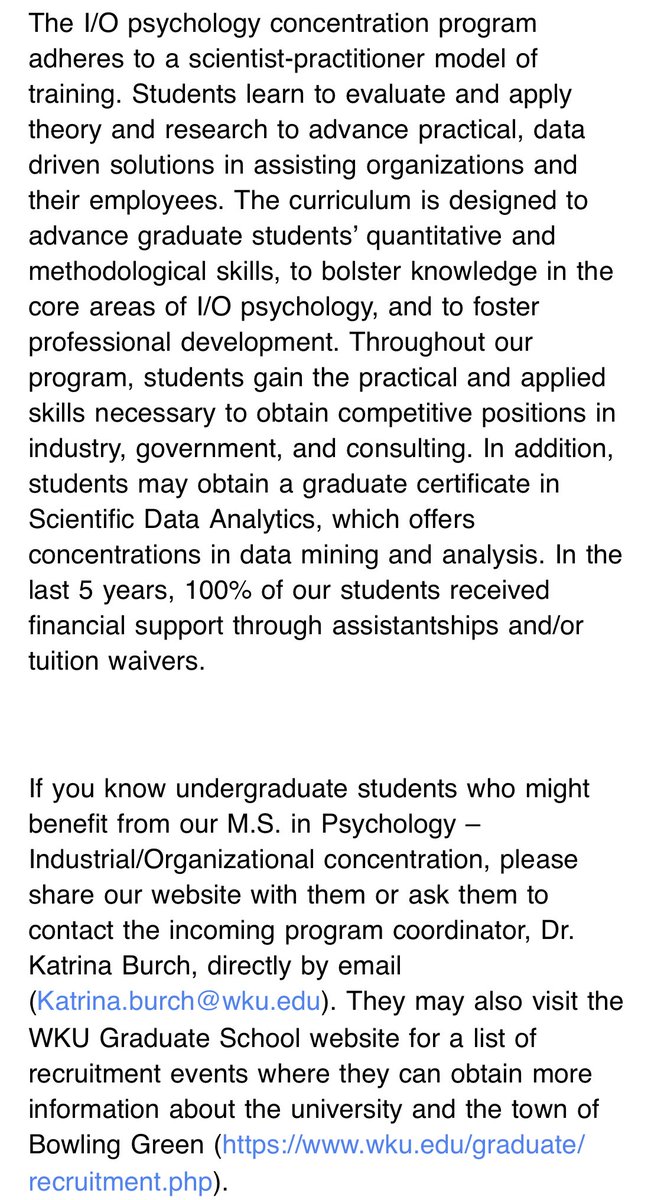 chi_ub's tweet photo. Interested in applying to grad school this semester??? Please read the information provided about I/O Psychology at Western Kentucky University! The program provides tuition waivers and assistantships for students who are accepted! #psichi #psychology #WKU #gradschool https://t.co/GlMHieBNkV