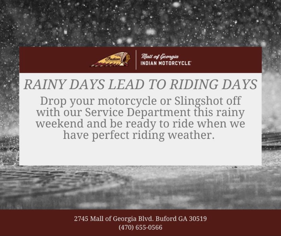 Drop off today and be ready to ride when the rain goes away. #mallofgeorgiaindianmotorcycle #mallofgaindianmotorcycle #mogim