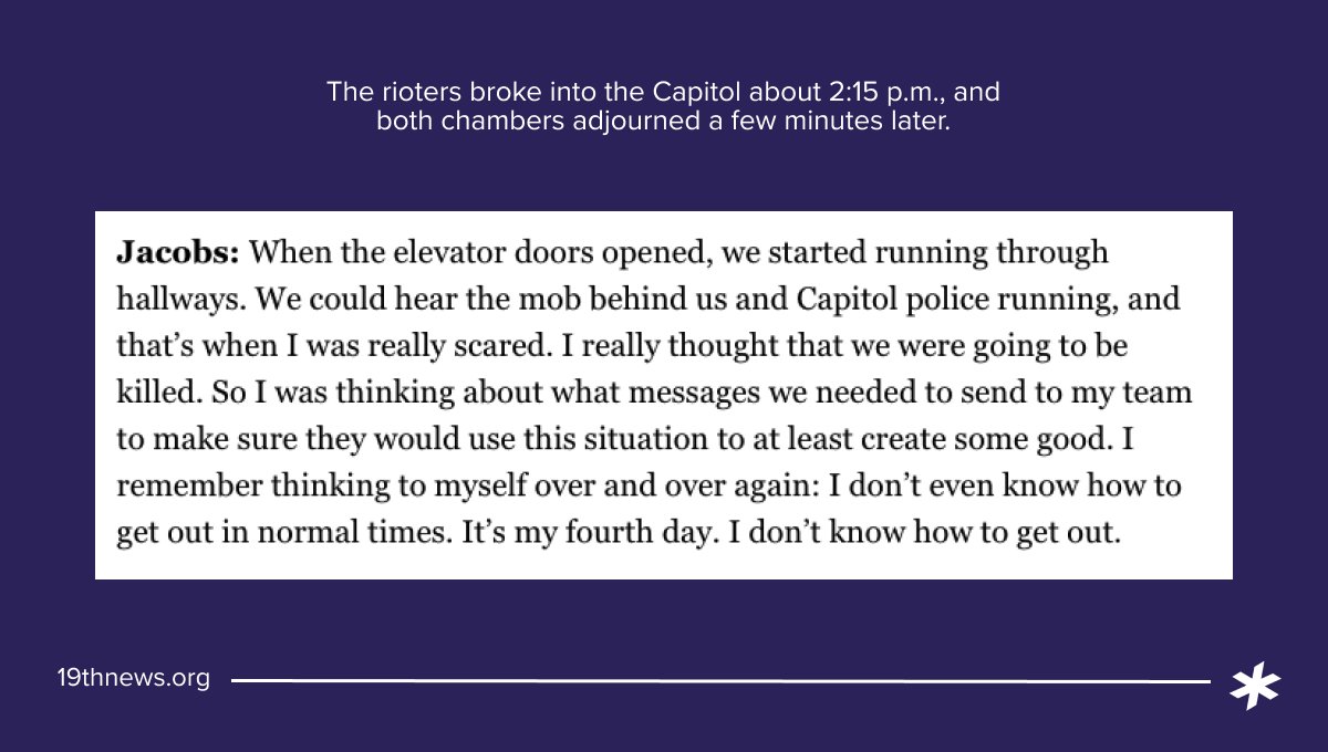 . @RepSaraJacobs: "When the elevator doors opened, we started running through hallways. ... I remember thinking to myself over and over again: I don't even know how to get out in normal times. It's my fourth day. I don't know how to get out."  https://bit.ly/3qjmg91 