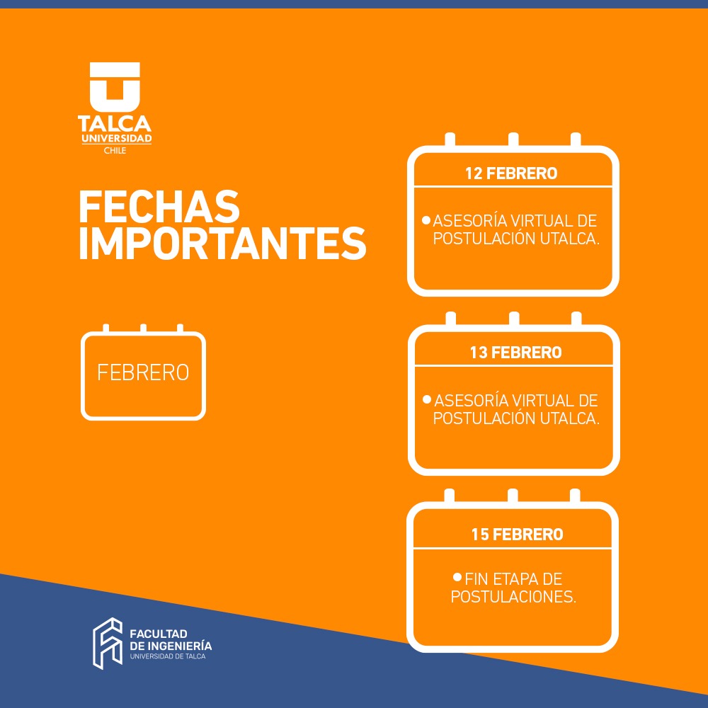 📌𝐏𝐞𝐫í𝐨𝐝𝐨 𝐝𝐞 𝐏𝐨𝐬𝐭𝐮𝐥𝐚𝐜𝐢ó𝐧 - 𝐏𝐫𝐨𝐜𝐞𝐬𝐨 𝐝𝐞 𝐀𝐝𝐦𝐢𝐬𝐢ó𝐧 𝟐𝟎𝟐𝟏🧐
 @admutalca estará apoyándote en tu proceso de postulación
▪️
No olvides las fechas y horarios🧐
📆 12 de Febrero
🕗 9 a 17 HRS.

📆13 de Febrero
🕗 9 a 14 HRS.
▪️
#SomosUTalca #ADM21