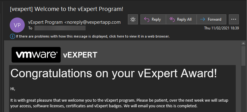 Glad to be in the <a href="/vExpert/">VMware vExpert</a> program for the first year! 🎉
